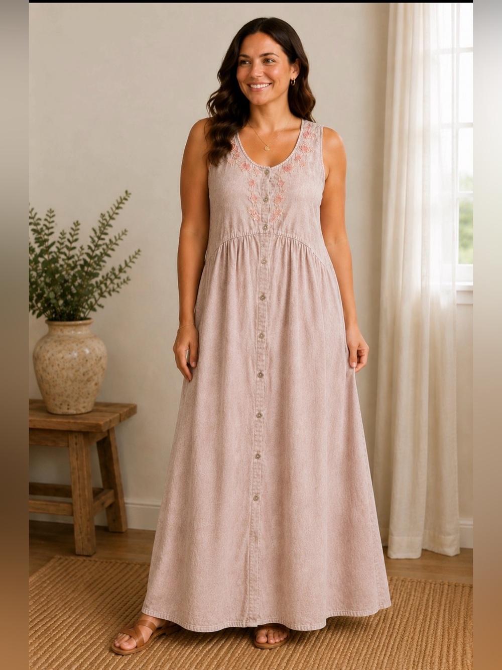 April Cornell, like new light pinkish/grey sleeveless maxi dress XL embroidery